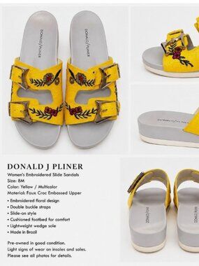 Donald Pliner Yellow Embroidered Floral Buckle Slide Sandals Women Sz8